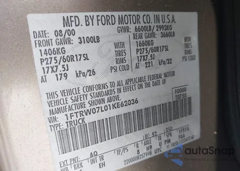 2001 Ford F-150 Harley-Davidson Edition/King Ranch Edition/Lariat/Xlt z USA, uszkodzony, nr VIN 1FTRW07L01KE62036